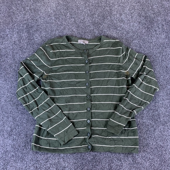 Eddie Bauer Sweaters - Eddie Bauer Cardigan Sweater Womens Medium Olive Green White Stripe Button Front